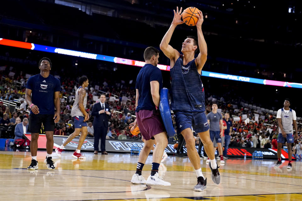 Florida Atlantic center Vladislav Goldin practices for their Final Four college basketball game in the NCAA Tournament on Friday, March 31, 2023, in Houston. San Diego State and Florida Atlantic play on Saturday. (AP Photo/Brynn Anderson)