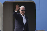 U.S. President Joe Biden gestures as he departs for Japan at Osan Air Base in Pyeongtaek, South Korea, Sunday, May 22, 2022. (Kim Hong-Ji/Pool Photo via AP)