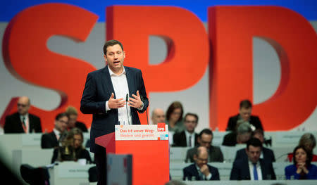 FILE PHOTO - Lars Klingbeil of the Social Democratic Party (SPD) holds a speech during the SPD party convention in Berlin, Germany, December 8, 2017. REUTERS/Hannibal Hanschke