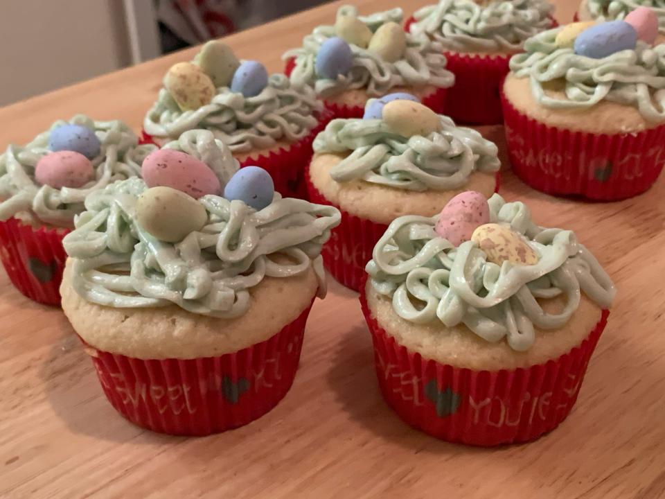 cooked and decorated Trader Joe's spring cupcakes