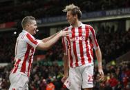 Britain Football Soccer - Stoke City v Watford - Premier League - bet365 Stadium - 3/1/17 Stoke City's Peter Crouch celebrates scoring their second goal with Ryan Shawcross Action Images via Reuters / Carl Recine Livepic