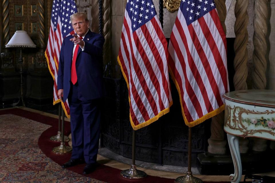 Donald Trump pictured speaking at his Mar-a-Lago estate. He reportedly invited oil executives to the property last month, seeking a $1bn donation (Getty Images)