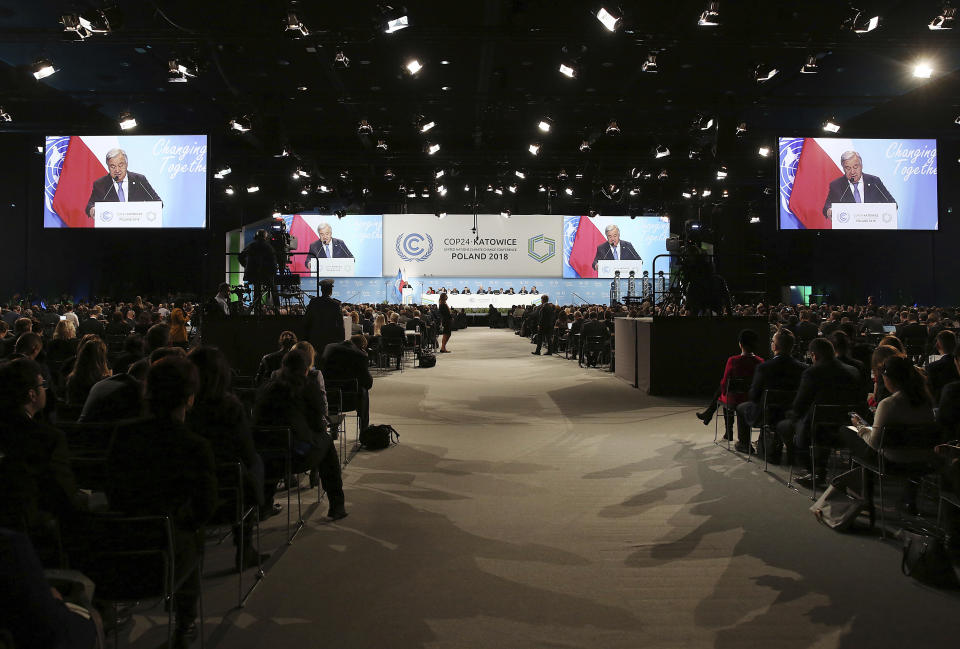 UN Secretary General Antonio Guterres delivers a speech during the opening of COP24 UN Climate Change Conference 2018 in Katowice, Poland, Monday, Dec. 3, 2018.(AP Photo/Czarek Sokolowski)