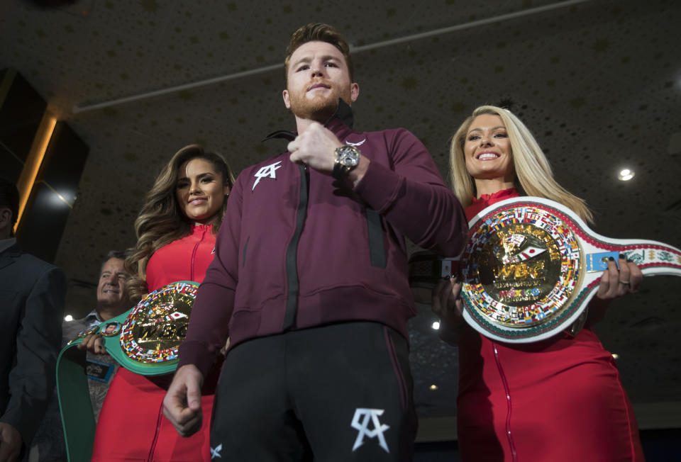 Canelo Alvarez poses in the lobby of the MGM Grand hotel-casino in Las Vegas on Tuesday, Sept. 11, 2018. (AP)