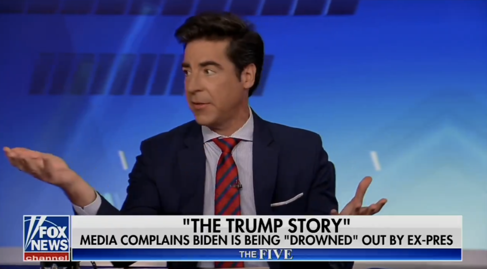 News anchor gestures during a broadcast segment titled "THE TRUMP STORY" on Fox News, discussing media complaints about Biden coverage