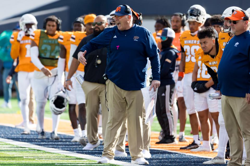 UTEP head football coach Dana Dimel at a game against Liberty on Saturday, Nov. 25, 2023, at the Sun Bowl Stadium.