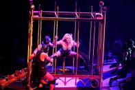 <p>"Piece of Me" — in which Britney claps back at the media for its portrayals of her — was famously part of her Circus tour in 2009.</p> <p>Dancing within the golden cage she's been trapped inside, she sang about being "Miss American Dream since I was 17" and the judgement that's come with it.</p> <p>"I'm Miss bad media karma / Another day another drama / Guess I can't see no harm / In working and being a mama," she sang with an eye roll, referencing <a href="https://people.com/parents/britney-spears-reveals-how-she-celebrated-sons-birthdays/" rel="nofollow noopener" target="_blank" data-ylk="slk:sons Preston and Jayden;elm:context_link;itc:0;sec:content-canvas" class="link ">sons Preston and Jayden</a>, whom she welcomed with then-husband Kevin Federline in 2005 and 2006, respectively. </p>