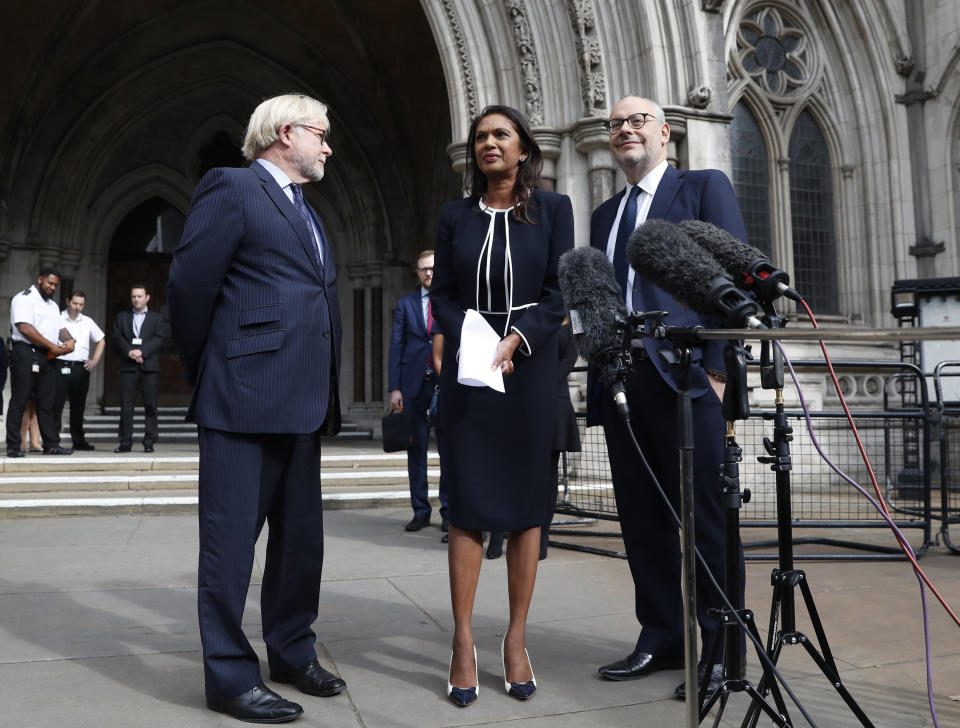 Anti Brexit campaigner Gina Miller speaks to the media outside the High Court in London, Friday, Sept. 6, 2019. The High Court has rejected a claim that Prime Minister Boris Johnson is acting unlawfully in suspending Parliament for several weeks ahead of the country’s scheduled departure from the European Union. (AP Photo/Alastair Grant)