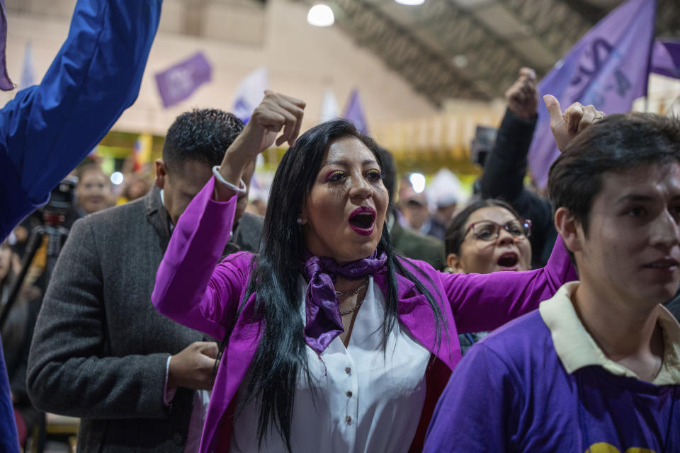 Supporters of candidate Daniel Noboa celebrate his victory in the runoff presidential election, in Quito, Ecuador, Sunday, Oct. 15, 2023. (AP Photo/Carlos Noriega)