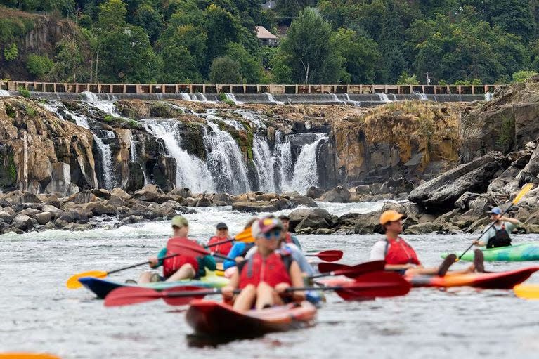 Willamette Falls, a horseshoe-shaped waterfall and the second largest by volume in the United States, holds ancestral and cultural significance to tribes.