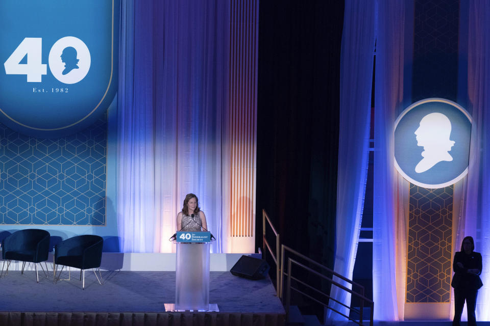 Supreme Court Associate Justice Amy Coney Barrett speaks during the Federalist Society's 40th Anniversary at Union Station in Washington, Monday, Nov. 10, 2022. ( AP Photo/Jose Luis Magana)