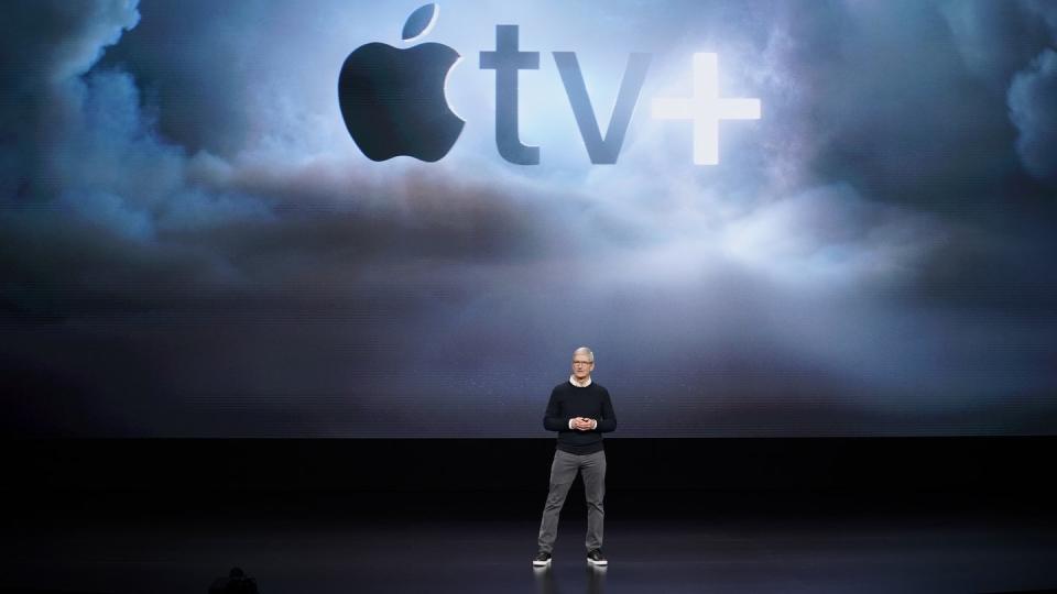 Apple-Produktvorstellung mit CEO Tim Cook. Apple TV+ soll ebenso wie Disney+ im November starten. Foto: Tony Avelar/AP