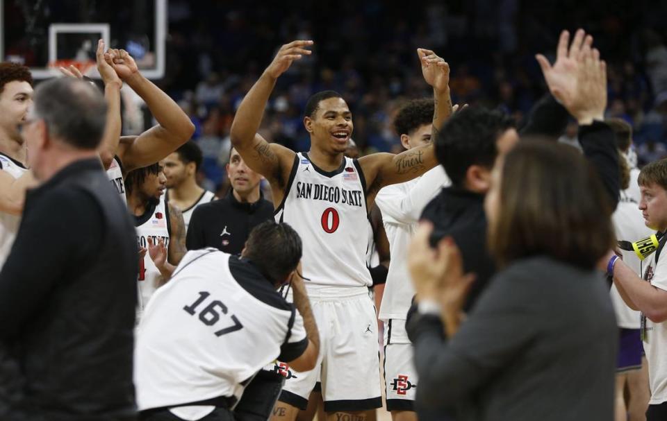 San Diego State forward Keshad Johnson (0) will transfer to Arizona for the 2023-24 season after including Kentucky as a finalist. Russell Lansford/USA Today Sports