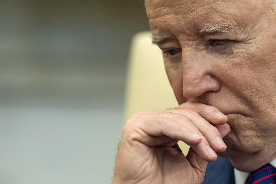 FILE - President Joe Biden listens as he meets with Iraq's Prime Minister Shia al-Sudani in the Oval Office of the White House, Monday, April 15, 2024, in Washington. Biden’s latest plan for student loan cancellation is moving forward as a proposed regulation, offering him a fresh chance to deliver on a campaign promise and energize young voters ahead of the November election. The Education Department on Tuesday filed paperwork for a new regulation that would deliver the cancellation the Democratic president announced last week. (AP Photo/Alex Brandon, File)