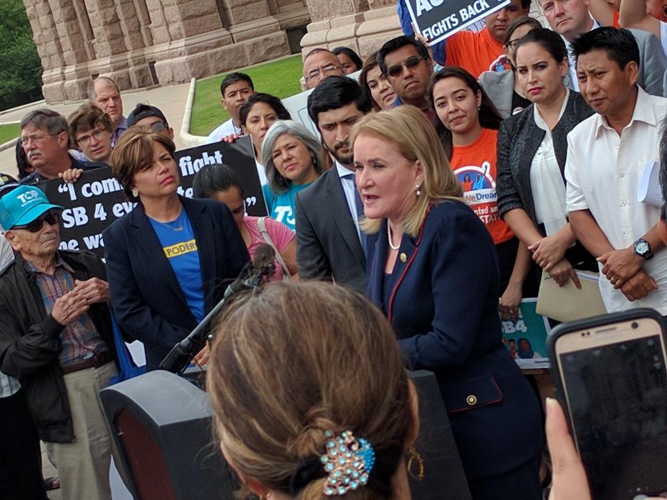 Texas State Sen Sylvia Garcia speaks addressed opponents of a state immigration crackdown bill on May 16, 2017. "We tried to tell them this wouldn't help law enforcement -- it would only hurt law enforcement," Garcia said. "They didn't listen." (Photo: Roque Planas/HuffPost)