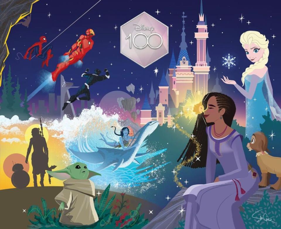 An illustration created for the The Walt Disney Company 100th anniversary showing Disney history