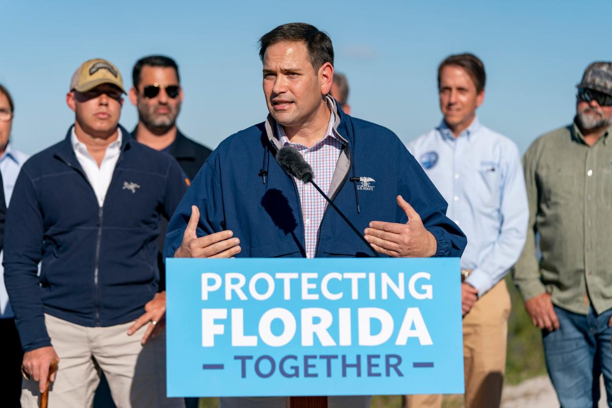 U.S. Sen. Marco Rubio, a Florida Republican, speaks during a press conference at a stormwater treatment area in Palm Beach County in January. He is running for reelection, with Democrat Val Demings as his likely opponent.