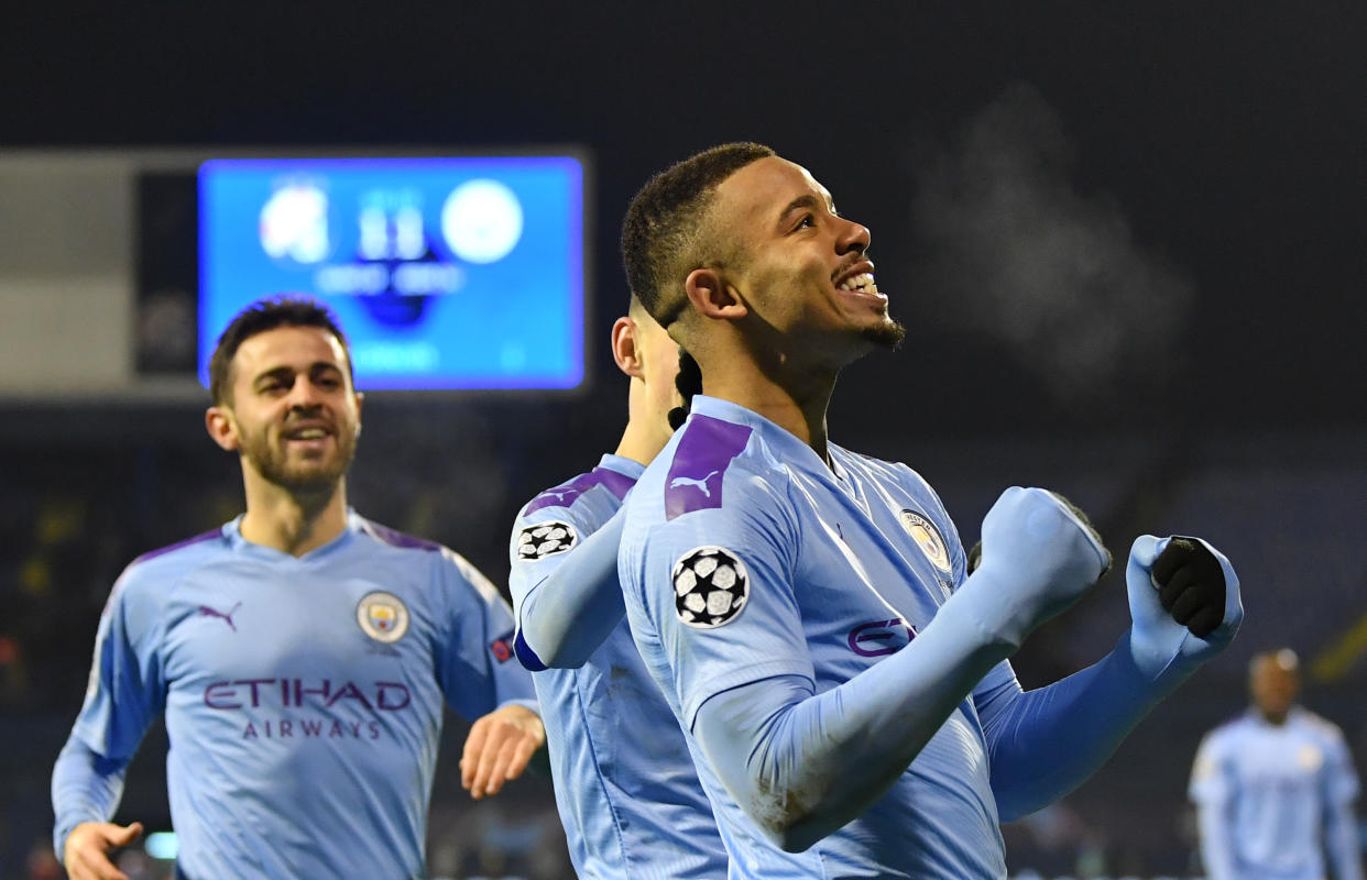 ZAGREB, CROATIA - DECEMBER 11: Gabriel Jesus of Manchester City celebrates after scoring his team's second goal during the UEFA Champions League group C match between Dinamo Zagreb and Manchester City at Maksimir Stadium on December 11, 2019 in Zagreb, Croatia. (Photo by Dan Mullan/Getty Images)