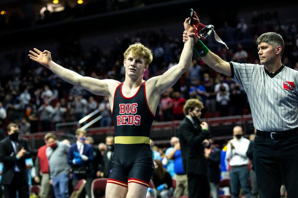 Centerville's Matthew Lewis wins the Class 2A 145 Iowa High School State Wrestling Championship on Saturday, Feb. 20, 2021, at Wells Fargo Arena, in Des Moines. A 3-2 victory over Osage's Nick Fox cemented Lewis as the 29th four-time state wrestling champion in Iowa.