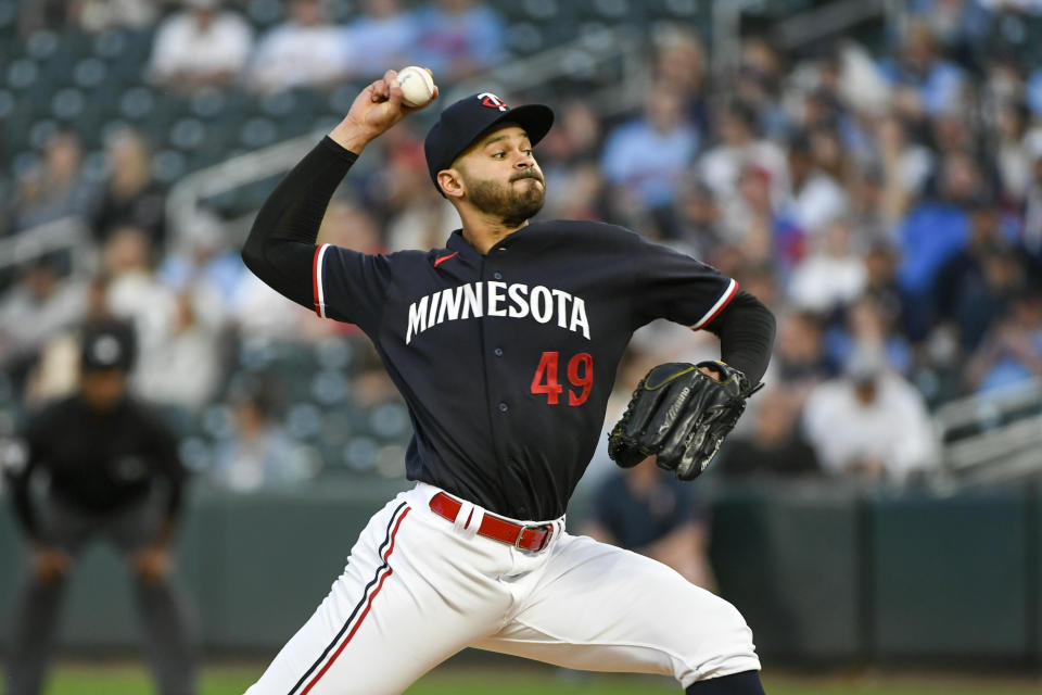 Minnesota Twins pitcher Pablo Lopez throws against the Chicago White Sox during the sixth inning of a baseball game, Tuesday, April 11, 2023, in Minneapolis. Twins won 4-3. (AP Photo/Craig Lassig)