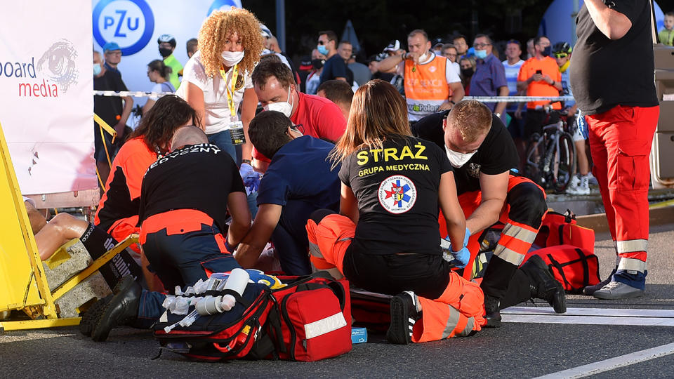 Medical staff, pictured here attending to Fabio Jakobsen after the crash.