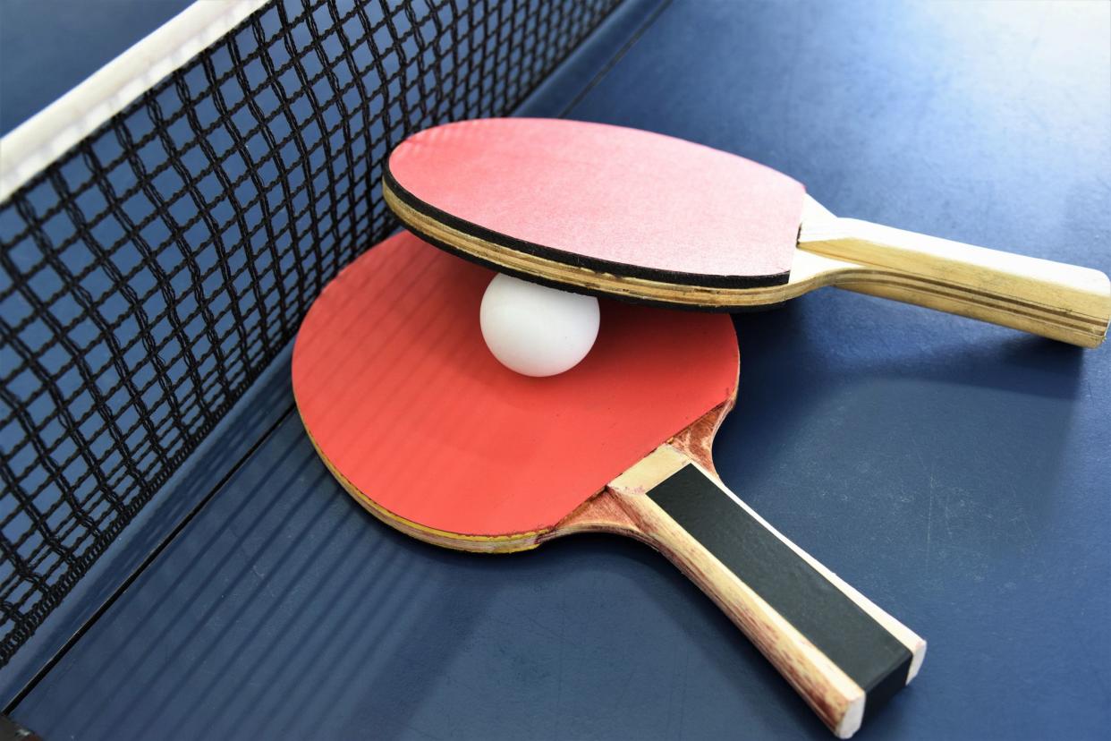 table tennis table, net, and paddles