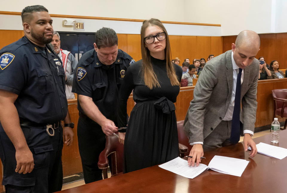 Anna Sorokin, who a New York jury convicted last month of swindling more than $200,000 from banks and people, reacts during her sentencing at Manhattan State Supreme Court New York, U.S., May 9, 2019.         Steven Hirsch/Pool via REUTERS