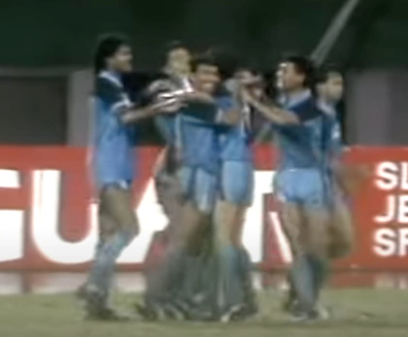 Singapore striker K Kannan celebrates with his teammates after scoring a goal in a Malaysia Cup match against ATM in 1988. (SCREENGRAB: YouTube)