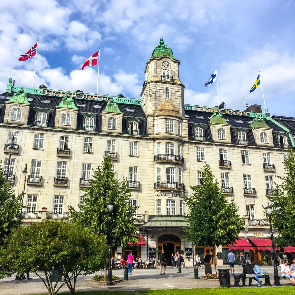 An exterior view of the famous Grand Hotel in Oslo.