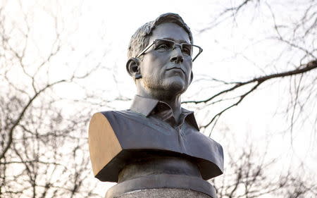 A large molded bust of Edward Snowden is pictured in Fort Greene Park in Brooklyn, New York in this April 6, 2015 picture provided by ANIMALNewYork. REUTERS/Aymann Ismail/ANIMALNewYork/Handout via Reuters