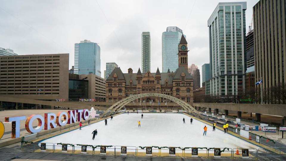 A wide-angle shot of the ice rink in Nathan Phillips Square on Monday, Mar. 1, 2021. 