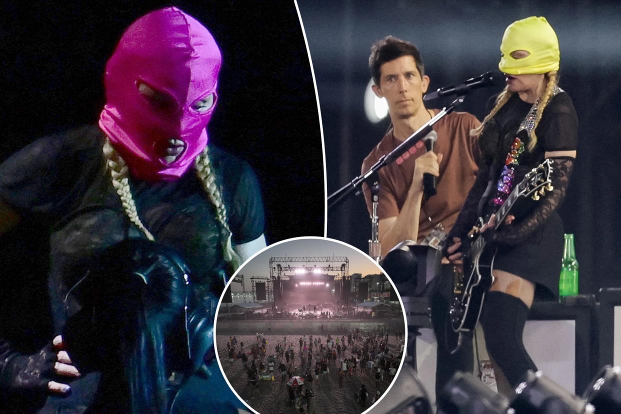 Madonna gets into the groove as she disguises herself with balaclavas during Copacabana rehearsals