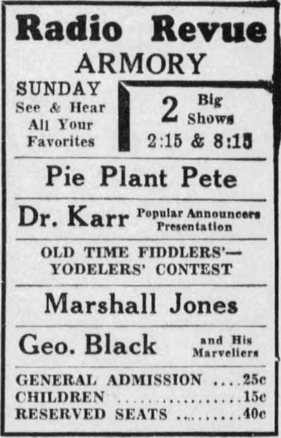 Marshall Jones appears on the bill of an Akron Armory show in February 1934.