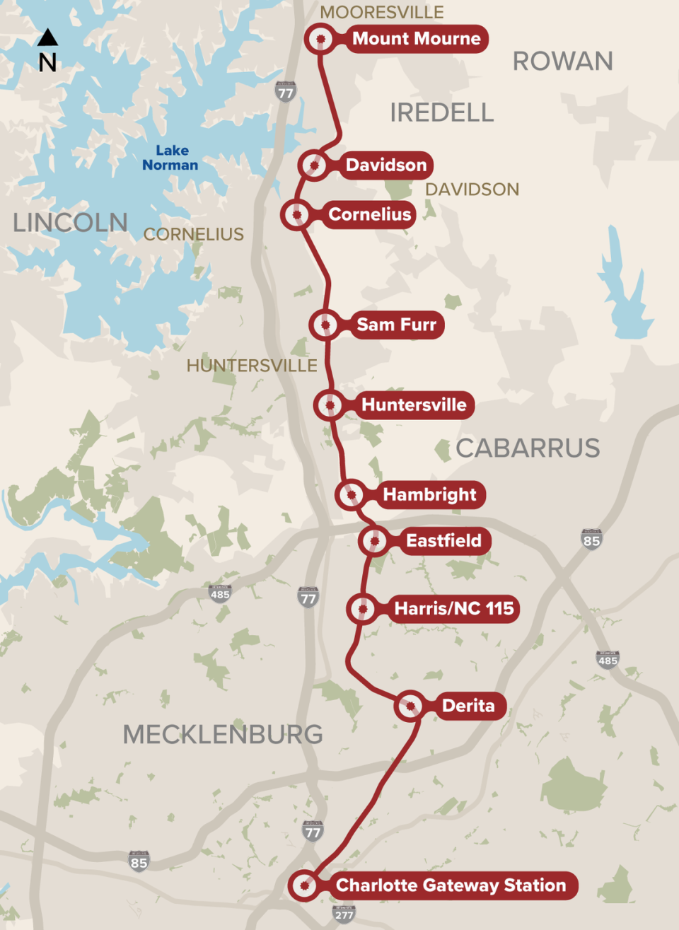 A map shows the current stops planned along the Red Line. The plan is under reevaluation are stalling for years, and CATS is seeking public input on changes.