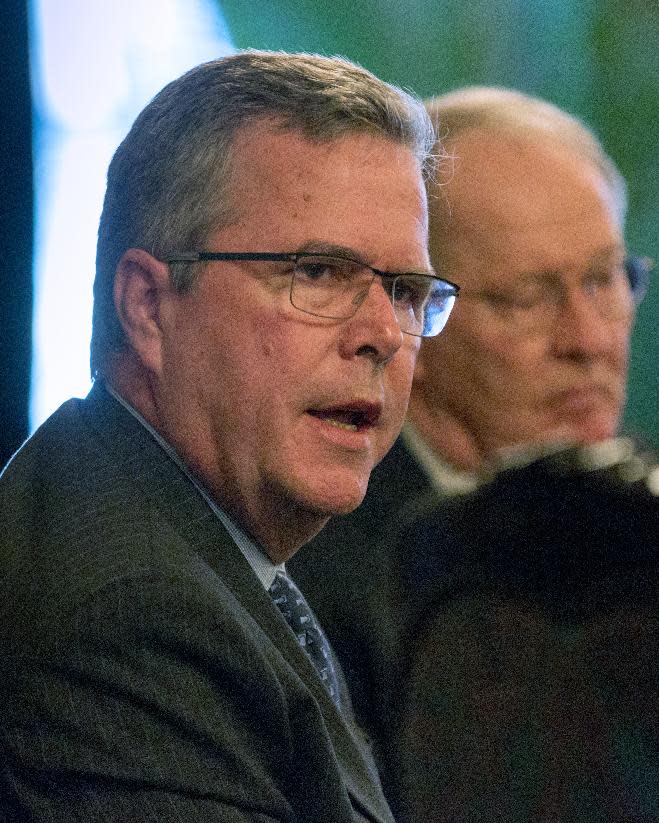 Former Florida Gov. Jeb Bush speaks at an education forum with Tennessee Gov. Bill Haslam and U.S. Sen. Lamar Alexander, R-Tenn., in Nashville, Tenn., on Wednesday, March 19, 2014. Bush urged politicians to make the case to their constituents in favor of Common Core education standards. (AP Photos/Erik Schelzig)