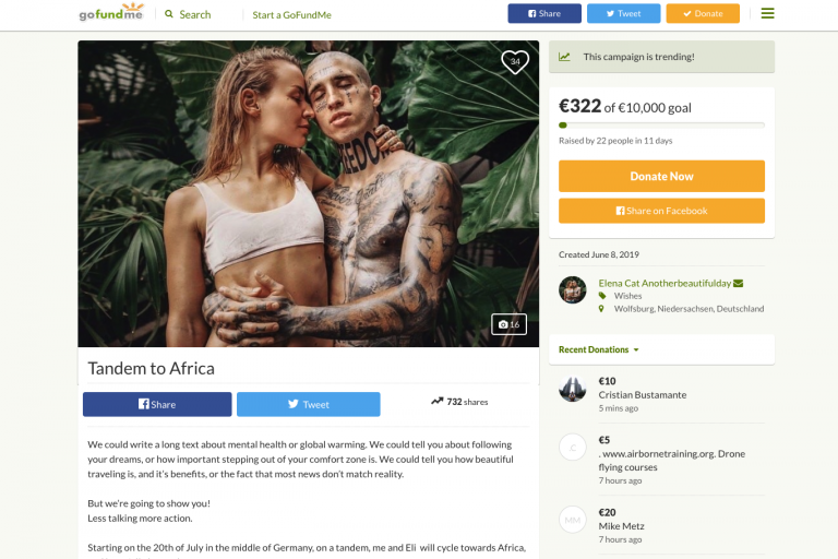 A German couple who faced backlash for asking their followers to crowdfund €10,000 (£8,866) to cover the costs of their upcoming vacation have announced they are going to “step away from social media”.Earlier this month, Catalin Onc and Elena Engelhardt, who share the Instagram account Another Beautiful Day, announced that they would be taking a tandem cycling trip to Africa and needed help from their more than 42,000 followers to cover costs. According to the couple, who created a GoFundMe page, donations would “go towards the bike and gear, food and accommodation (when needed), internet and SIM cards in every country to keep you up to date, insurance and emergencies.”“We could write a long text about mental health or global warming,” the couple wrote. “We could tell you about following your dreams, or how important stepping out of your comfort zone is. We could tell you how beautiful travelling is, and it’s benefits, or the fact that most news don’t match reality. But we’re going to show you!”> View this post on Instagram> > LOOK WITHIN And with this post, I will step away from social media for a little while. I mentioned that I'll be doing the hardest thing I've ever done mentally and physically, soon. Here it is. I am going on a walk. I will walk as long as I possibly can. No sleep, No social media, No distractions. Just me and my brain out there. This first came to my mind in the Himalayan mountains, where I got to experience what my mind, body and soul are capable of. Now I'm going to take it even further. I am ready to face whatever is buried deep inside me. those doing the 30 day challenge, carry on. Remember why you started and keep moving forward. Much love to you all. Time to do some soul work.> > A post shared by CAT AND ELENA (@another_beautiful_day_official) on Jun 17, 2019 at 12:41am PDT> View this post on Instagram> > We could write a long text about mental health or global warming. We could tell you about following your dreams, or how important stepping out of your comfort zone is. We could tell you how beautiful traveling is, and it’s benefits, or the fact that most news don’t match reality. But we’re going to show you! Less talking more action. Starting on the 20th of July in the middle of Germany, on a tandem, me and Eli will cycle towards Africa, and hopefully beyond. We want to take you all on this huge adventure. A celebration of life, as we ride freely across mountains, by the sea and through metropolitans. We will show the beauty of this planet and it’s inhabitants, but also the ugliness. But we can not do this on our own. We need you! The funds we raise will go towards the bike and gear, food and accommodation (when needed), internet and SIM cards in every country to keep you up to date, insurance, emergencies. We need funds now for preparation as well as throughout our trip. Every dollar, every message, every couch or garden for our tent, any help you can offer will help us go further. We hope you all enjoy and learn with us. TOGETHER WE CAN MAKE A DIFFERENCE another beautiful day with love Cat and Eli Link in bio Or paypal Abd_cat@hotmail.com> > A post shared by CAT AND ELENA (@another_beautiful_day_official) on Jun 9, 2019 at 3:54am PDTHowever, following widespread criticism from their followers, who accused the couple of freeloading and told them to get a job, Onc said on Monday he would be stepping away from social media to go “on a walk”.“With this post, I will step away from social media for a little while,” he wrote, adding that he’d previously announced he would soon be doing “the hardest thing I’ve ever done mentally and physically”.According to the influencer, who shared an up-close photo of his “look within” face tattoo, he will walk as long as he “possibly can” without “sleep, social media or distractions”.The couple's latest announcement has done little to lessen the backlash, with many people still suggesting they get jobs instead.“Try walking to a job interview,” one person wrote.Another said: “Didn’t get any donations so they got to walk to Africa now instead.”“If the hardest thing you have ever done is go for a walk, then I can imagine how earning a living like the rest of us must be so hard for you,” someone else wrote.Onc and Engelhardt’s GoFundMe page has raised just €322 of its €10,000 goal.