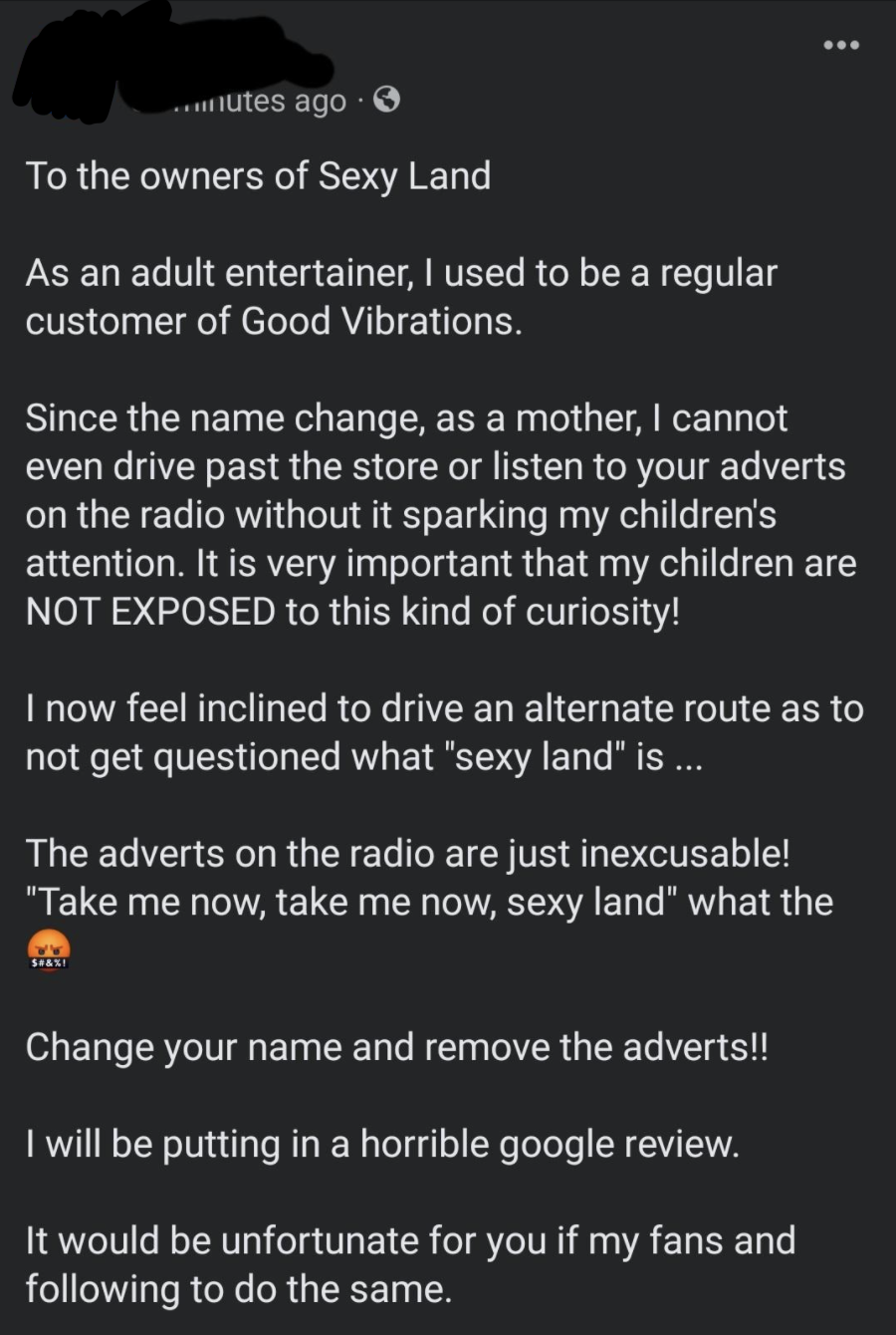 facebook post asking store called Sexy Land to change their name because the poster's kids hear their ads on the radio and see the store out the car window and ask questions