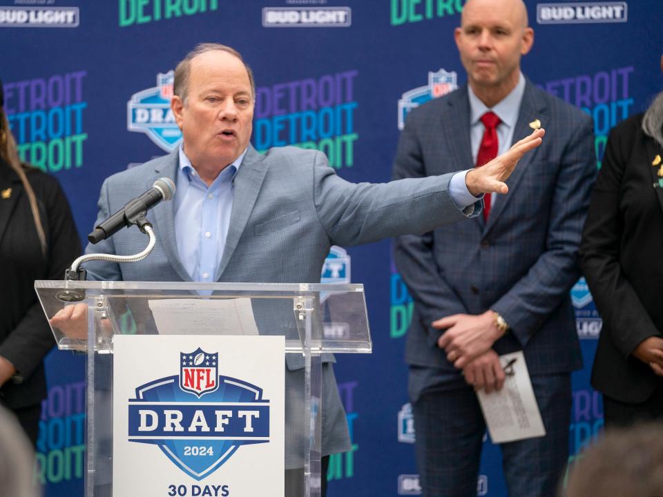 Detroit Mayor Mike Duggan makes comments on Tuesday, March 26, 2024, during a news conference that is 30 days out until the NFL draft takes place in Detroit April 25-27.