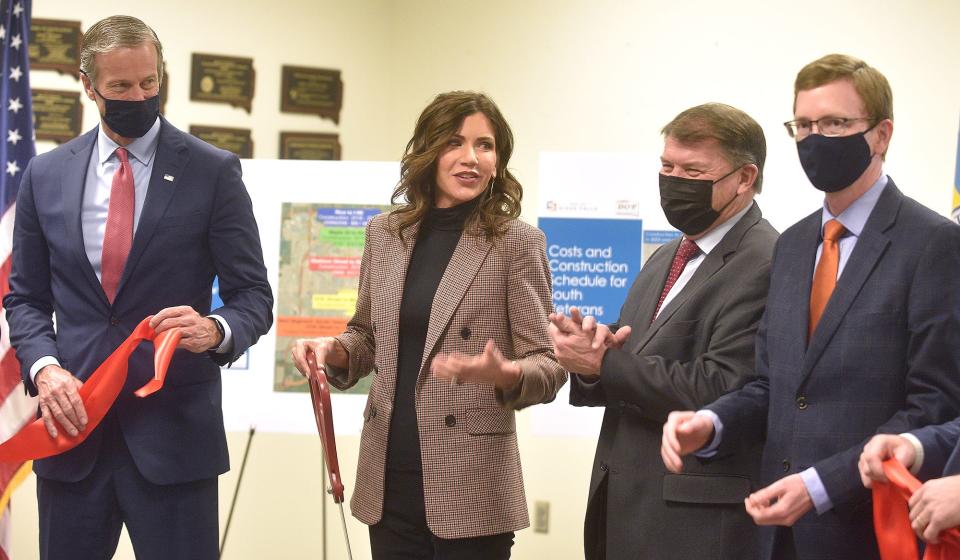 South Dakota Sen. John Thune, Gov. Kristi Noem, Sen. Mike Rounds and Rep. Dusty Johnson attend the ribbon-cutting for the Highway 100 project on Monday, Feb. 15 in Sioux Falls. The connects eastern Sioux Falls and western Brandon to I-90.
