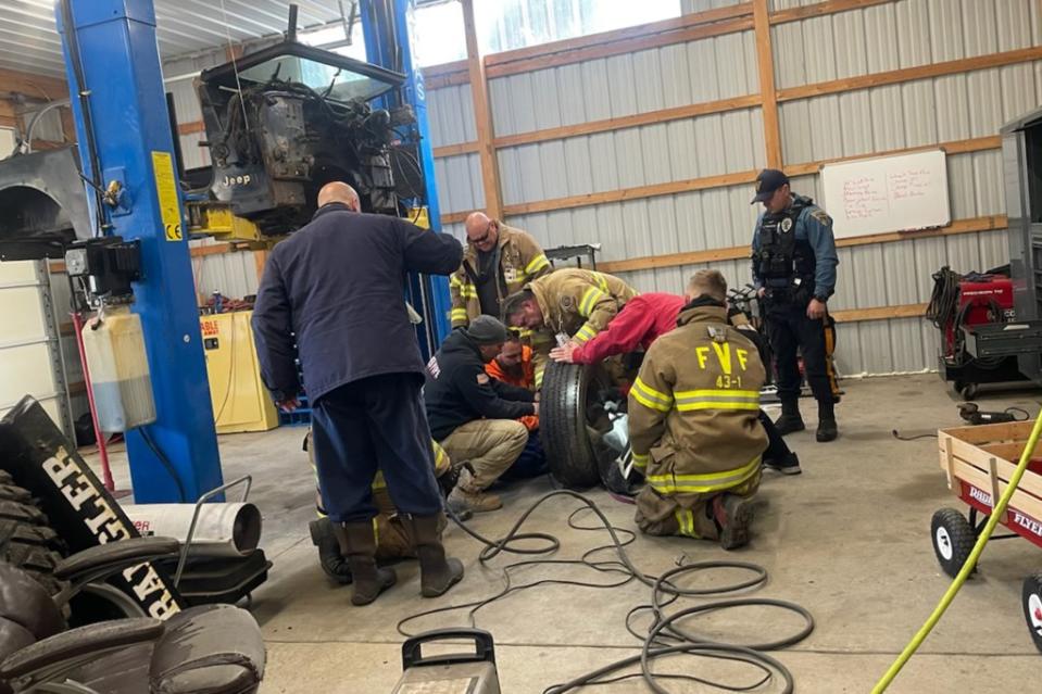 The dog was eventually freed by Lt. Brandon Volpe, who used his “personal plasma cutters to free Daisy from the rim” after the soap and water method didn’t work. Franklinville Volunteer Fire Company