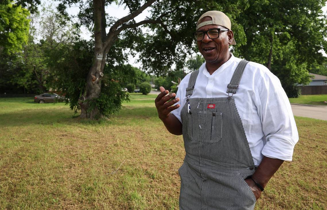 David Howard talks about his plan to convert a plot of land he owns in the Stop Six neighborhood of Fort Worth, pictured, into a farm to grow fruits and vegetables for the community on Wednesday, April 17, 2024.