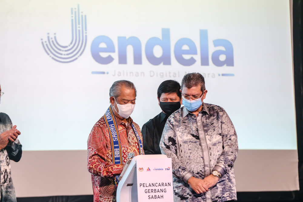 Prime Minister Tan Sri Muhyiddin Yassin and Datuk Saifuddin Abdullah during the launch of Sabah Gateway in Kota Kinabalu September 17, 2020. — Picture by Firdaus Latif