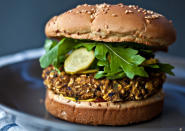 <div class="caption-credit"> Photo by: Photo by Ashley Rodriguez</div><b>Black Bean and Pumpkin Burgers</b> <br> Whisk together beaten egg, chili and garlic powder and cinnamon. Combine mashed black beans, canned pumpkin, rolled oats and the egg mixture to form a mixture that is sticky yet holds together. Shape into patties and bake in a 375° oven, turning once, for about 15 minutes. Assemble with burger fixings. <br> <i>RECIPE BY Teri Tsang Barrett</i>