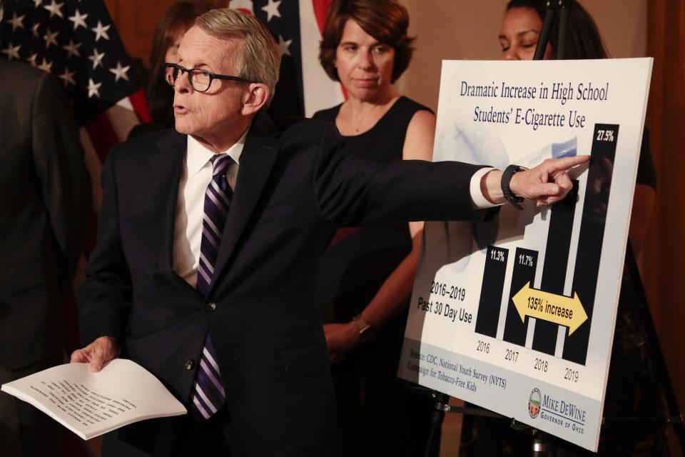 Ohio Gov. Mike DeWine gestures to a poster showing the increase in high school students vaping. Despite recent measures aimed at reducing youth smoking and vaping, DeWine said Tuesday, Oct. 1, 2019 that the state must do more.