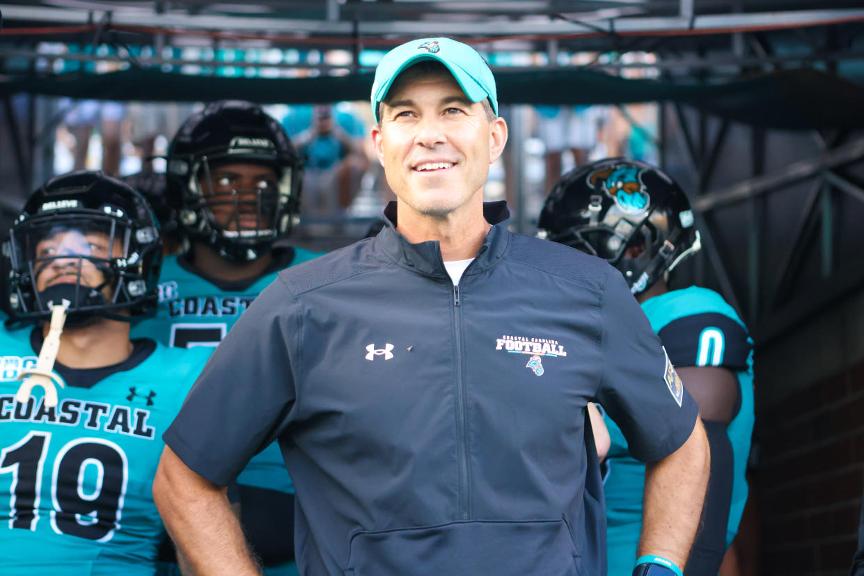 CONWAY, SC - SEPTEMBER 03: Head Coach Jamey Chadwell of the Coastal Carolina Chanticleers stands in the tunnel with his team before a football game between the Coastal Carolina Chanticleers and the Army Black Knights on September 3, 2022, at Brooks Stadium in Conway, SC. (Photo by David Jensen/Icon Sportswire via Getty Images)