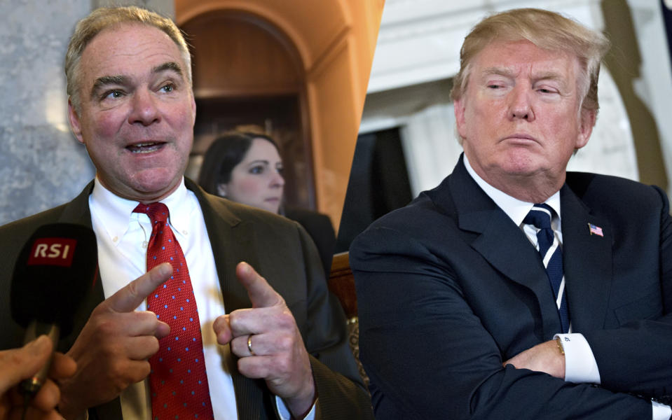 Tim Kaine; Donald Trump. (Yahoo News photo illustration; photos: Susan Walsh/AP, Andrew Harrer/Bloomberg via Getty Images)