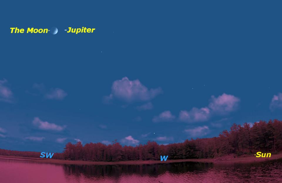 Saturday, June 11, sunset. Jupiter will be west of the waxing crescent moon at sunset.