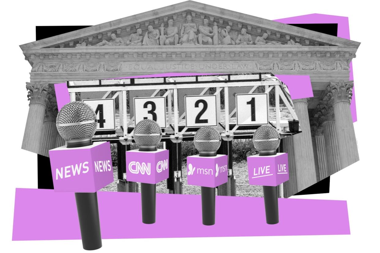 The facade of the Supreme Court building, overlaid with an image of a horse racing track as well as multiple press corps microphones labeled "News," "CNN," "MSN," and "Live."