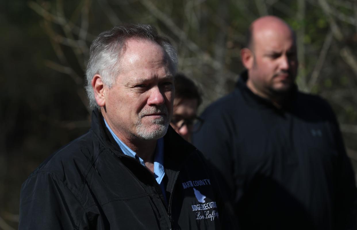 Martin County Judge Executive Lon Lafferty talked at the entrance to the Excel/Pontiki Coal Preparation Plant in Martin County. It was closed down after 1 person died and 1 is missing from the Skeens Contracting team. They were there to dismantle a 12-story coal tipple when it collapsed.
Nov. 1, 2023