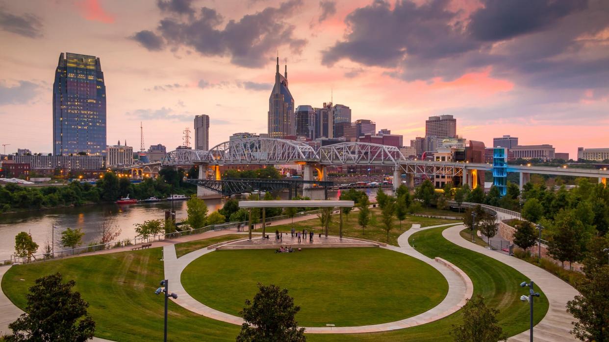 Nashville, Tennessee downtown skyline at twilight USA.